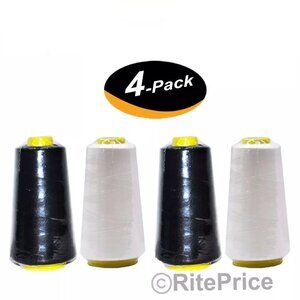 4 Pcs (2 WHITE & 2 BLACK) 2500 Yards Each Spools Sewing Thread 100% Polyester